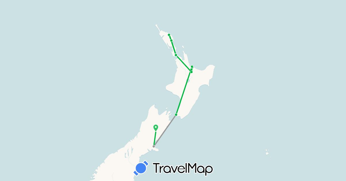 TravelMap itinerary: driving, bus, plane in New Zealand (Oceania)